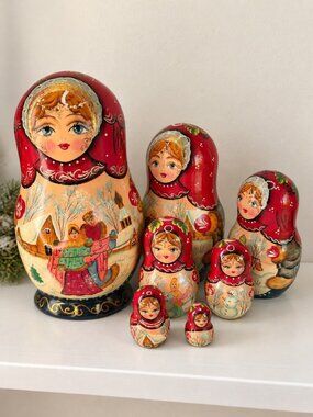 Russian Fairy Tale Nesting Dolls Signed Hand Painted 7 Piece 8 Inch Matryoshka